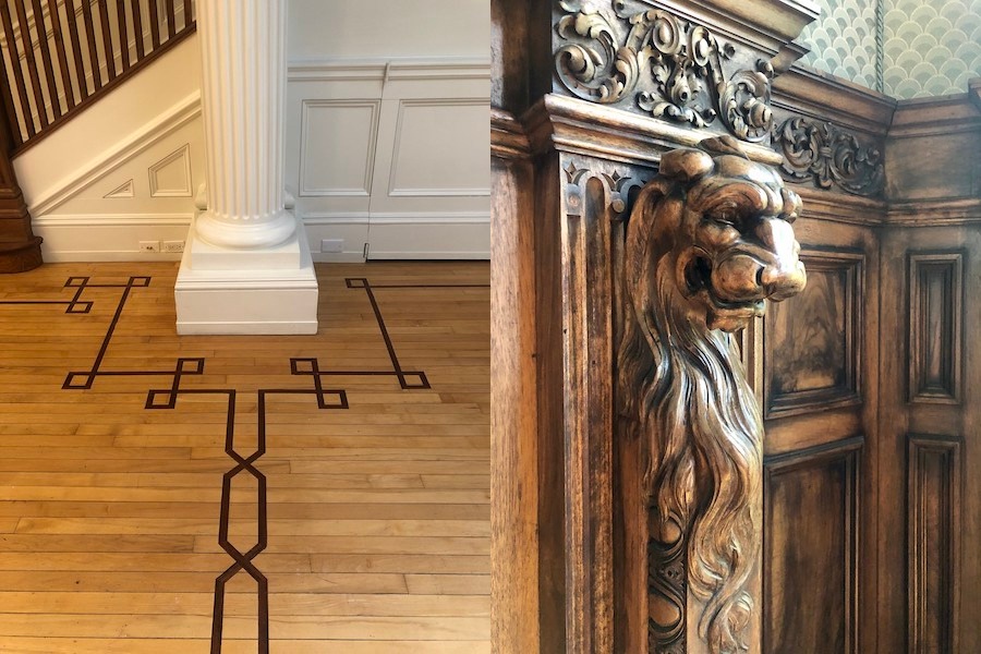 detail of inlaid floor and library carving