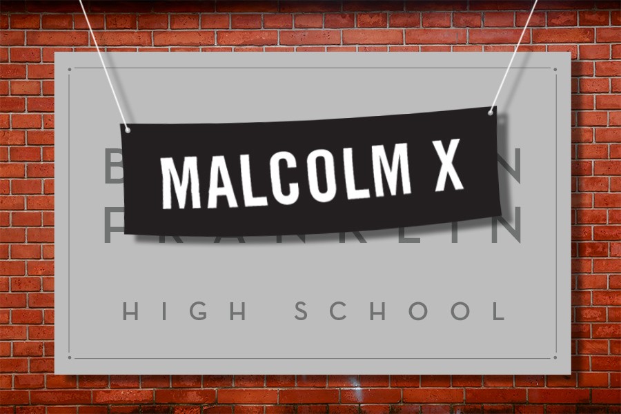 an illustration depicting ben franklin high school's name being changed to malcolm x high school
