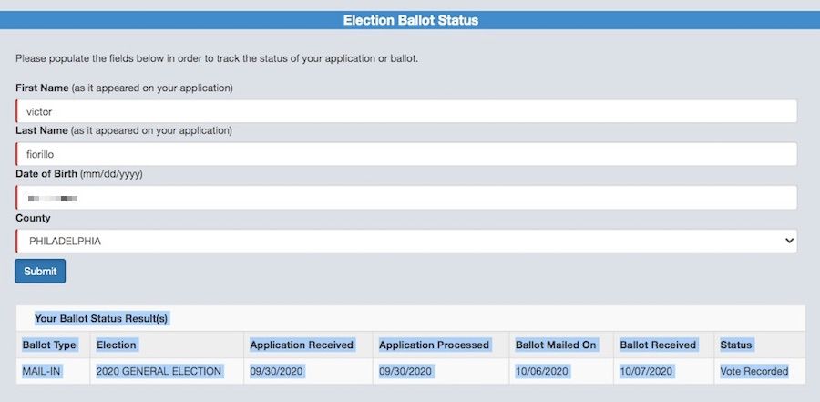 The status of my Pennsylvania mail in ballot, according to the state website that is supposed to track it.