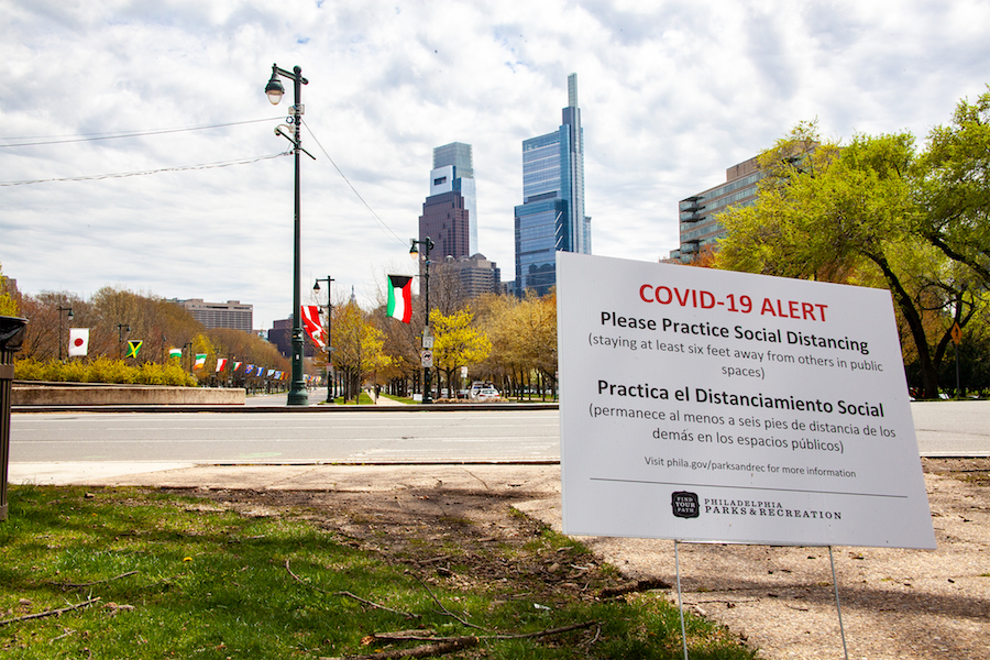 a COVID sign in Philadelphia, which has just announced new Philadelphia COVID restrictions