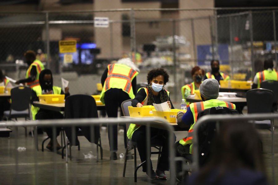 workers inside the Pennsylvania Convention Center, where Philadelphia votes are being counted to determine Pennsylvania election results