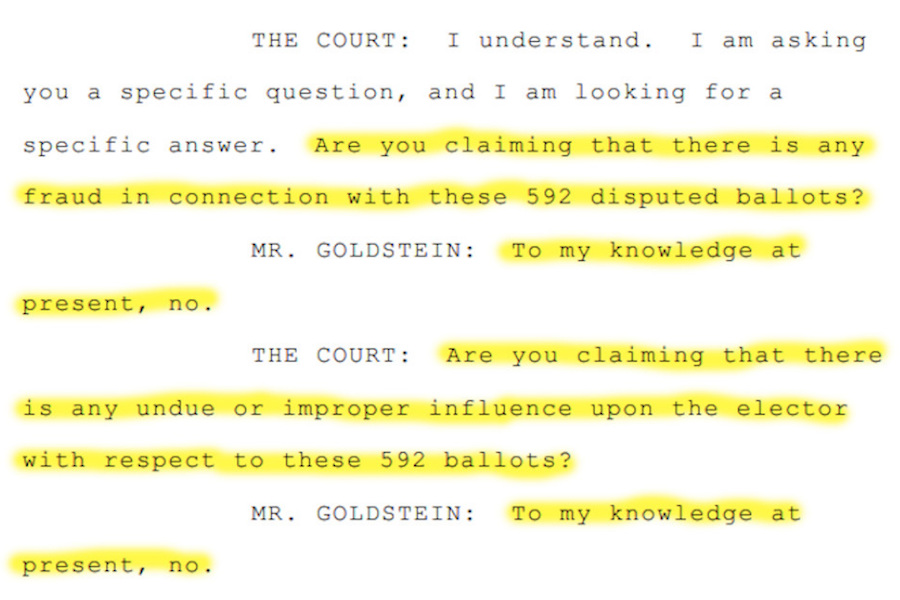 a portion of a transcript in a Pennsylvania voter fraud lawsuit in which a Pennsylvania judge asks a Trump lawyer if there's actually any evidence of voter fraud