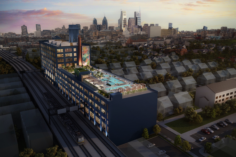 the poplar apartment profile aerial view of building and center city skyline