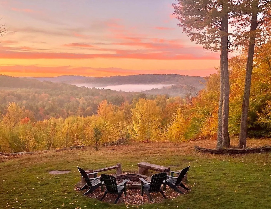 house for sale brackney mountaintop lodge view from firepit in fall at sunset