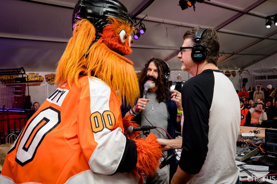 gritty, preston, and pierre robert at the 2019 Preston and Steve Camp Out for Hunger at Xfinity Live