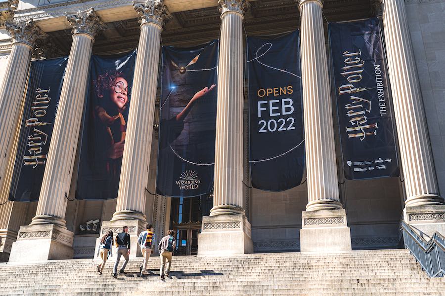 a banner outside the Franklin Institute advertising the Harry Potter exhibit, which opens in February in Philadelphia