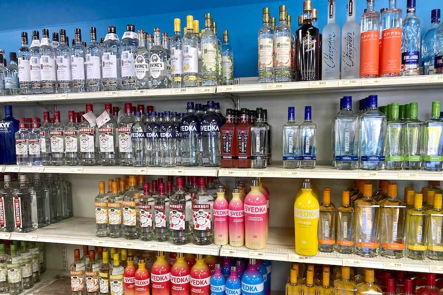shelves at a Pennsylvania wine and spirits store, which has removed all Russian vodka amid a boycott of Russia
