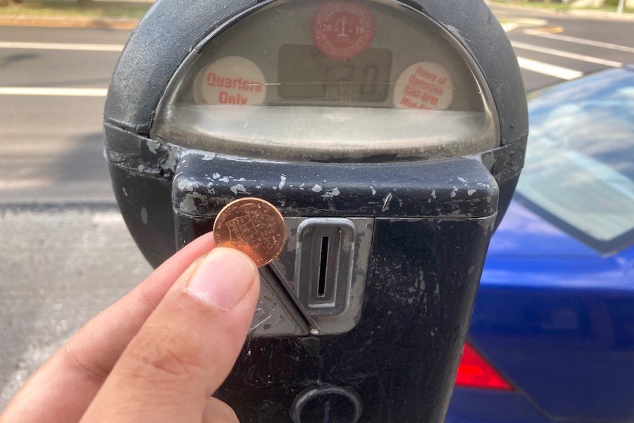 a parking meter in Upper Darby that accepts pennies for quarters