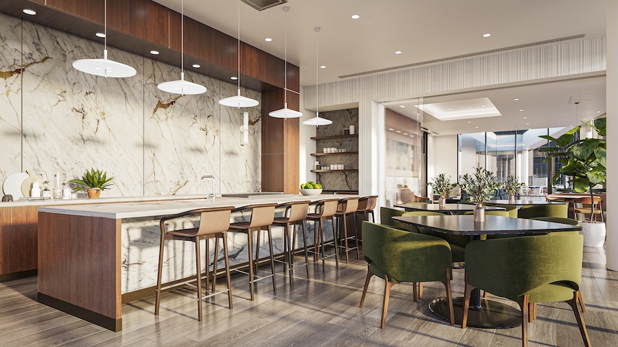 one cathedral square apartment profile demonstration kitchen and dining area