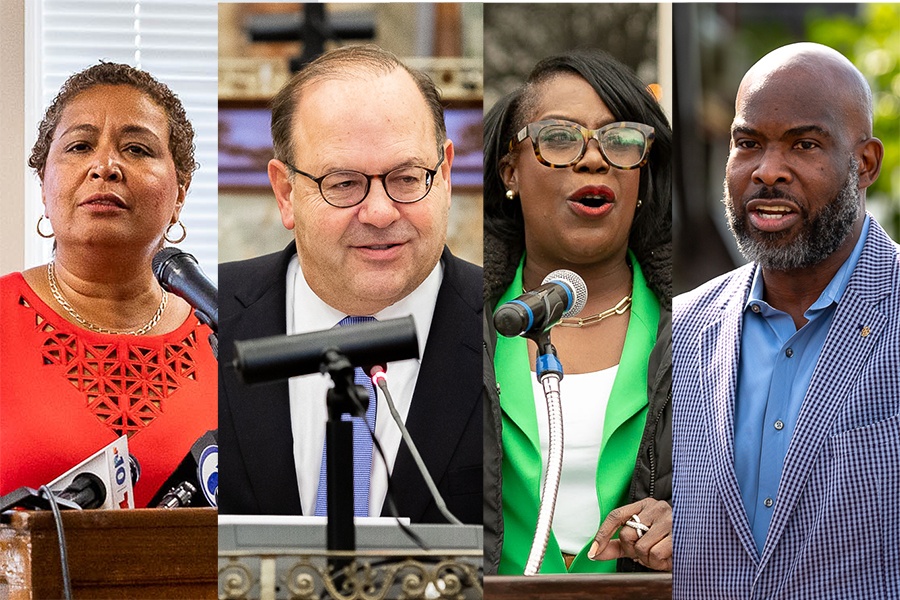 a photo of four members of Philadelphia City Council who have recently resigned to run, or to explore a run, for mayor: Maria Quiñones-Sánchez, Allan Domb, Cherelle Parker and Derek Green