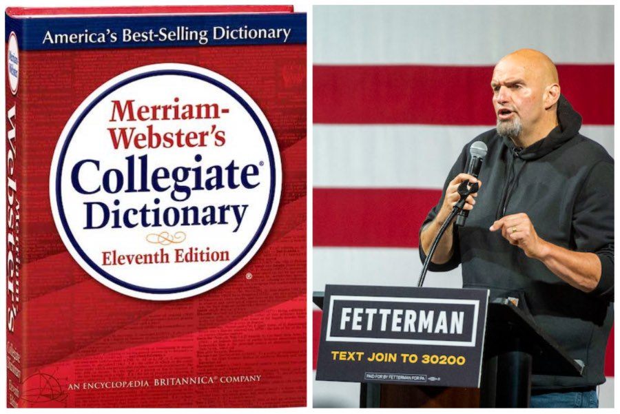 one photo of the merriam-webster dictionary, whose new word list does not include the word jawn, and another of john fetterman