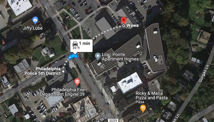 a map showing the distance between the roxborough police station and the philadelphia wawa that is closing for an hour each afternoon to avoid problems with students