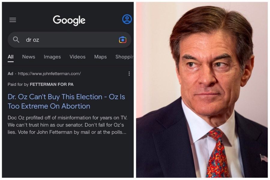 photo of dr oz and dr oz google results, which show an ad placement by john fetterman