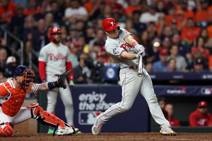 Phillies catcher J.T. Realmuto hits the game-winning home run in game one of the World Series
