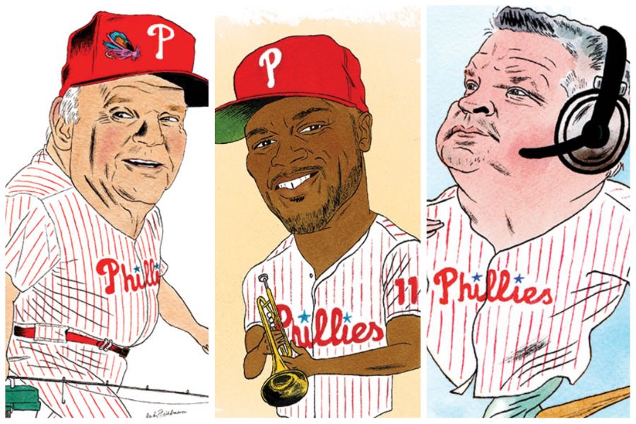 illustrations of former phillies personalities charlie manuel, jimmy rollins and john kruk