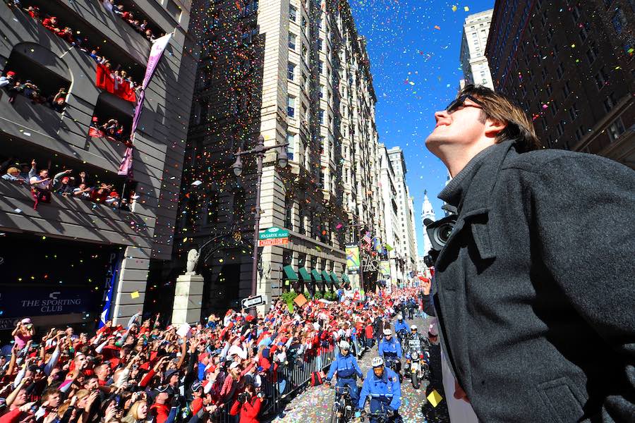 a photo from the 2008 phillies world series parade in Philadelphia