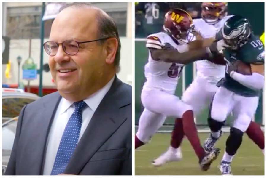 allan domb, who is running for mayor of philadelphia, and the moment that a washington commanders player so obviously committed a face mask penalty on the philadelphia eagles