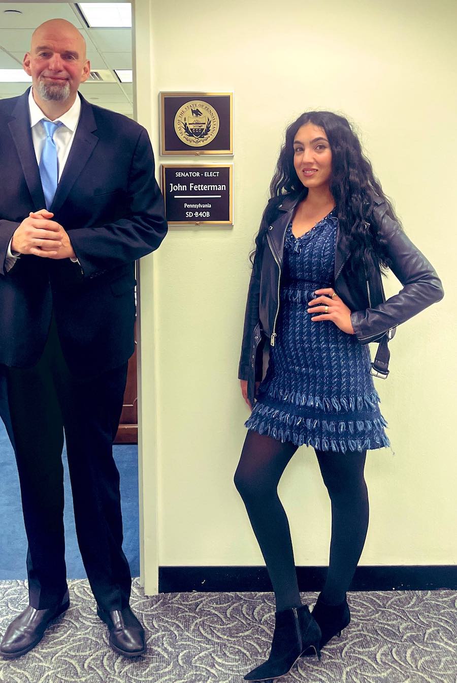 john fetterman and gisele fetterman, who is wearing a $12 thrift store dress on her first day at the United States Capitol