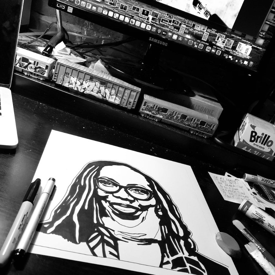 a work-in-progress photo of the ketanji brown jackson portrait in natalie hope mcdonald's studio
