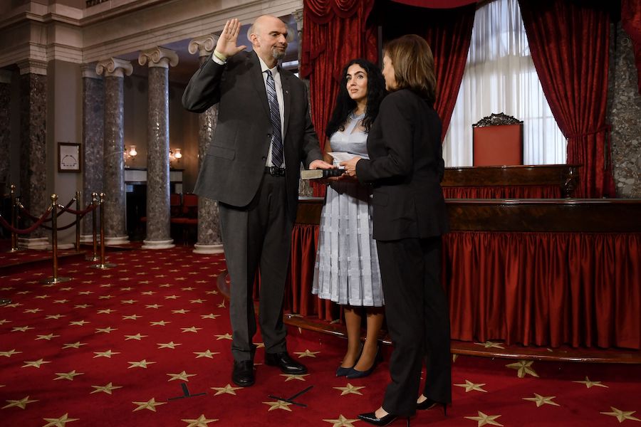 a photo of john fetterman, gisele fetterman and kamala harris at john fetterman's swearing in ceremony