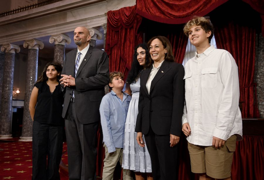 a photo of the fetterman family with vice president kamala harris at john fetterman's swearing-in ceremony