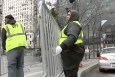 a city worker installs barricades in advance of Sunday's Philadelphia Eagles NFC Championship game