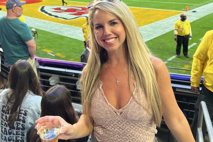 jennifer sherlock at the super bowl game between the philadelphia eagles and the kansas city chiefs
