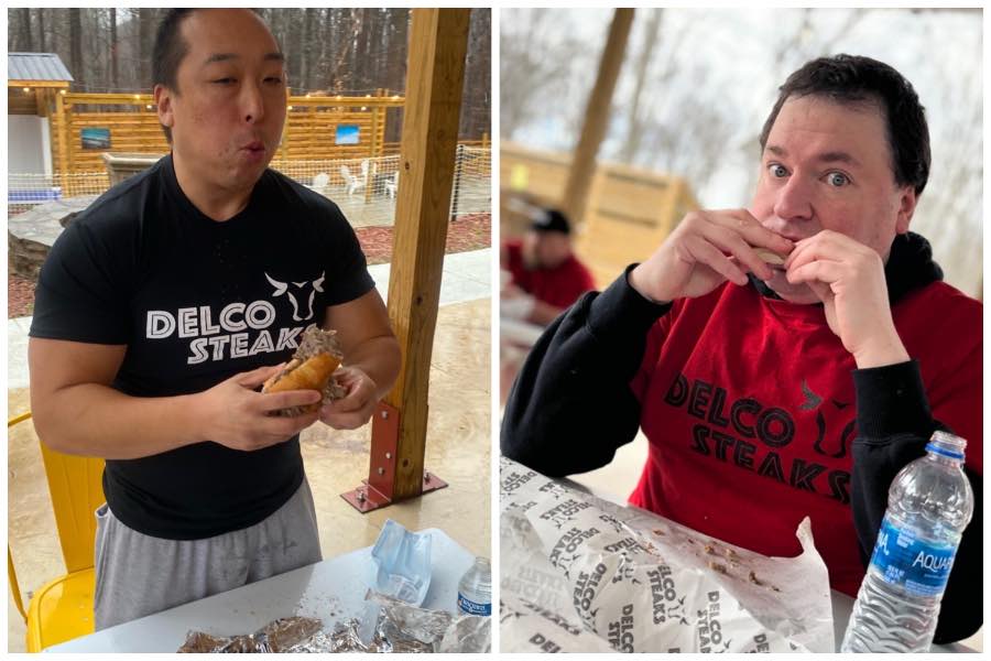 participants in a previous cheesesteak-eating competition at Delco Steaks
