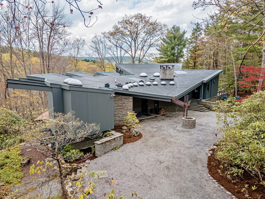 house for sale buck hill falls midcentury modern front entrance
