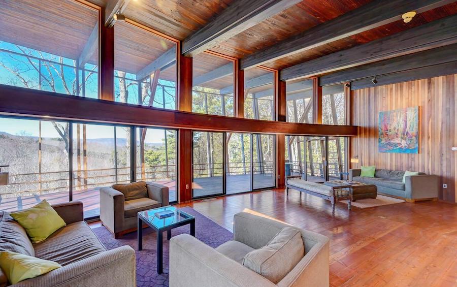 house for sale buck hill falls midcentury modern great room