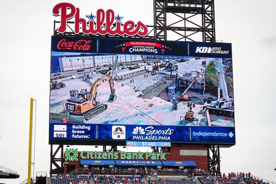 The I-95 livestream of repairs, as seen on the big screen at the Phillies game by Pennsylvania Governor Josh Shapiro 