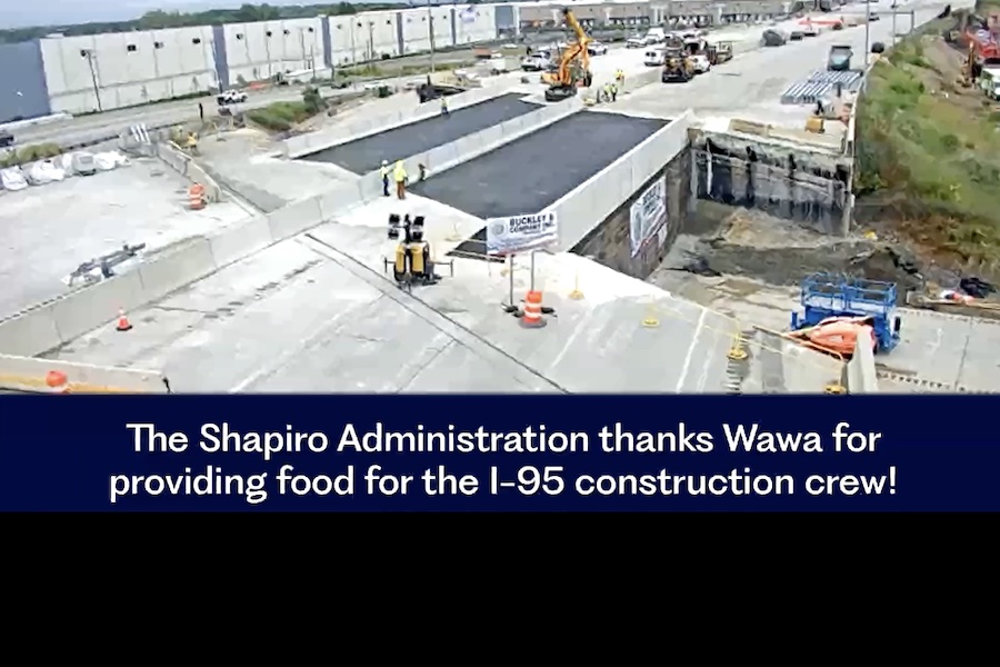 The office of Pennsylvania Governor Josh Shapiro gives Wawa a shoutout on the I-95 livestream (Image via PennDot)