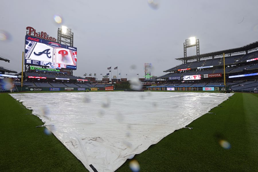 the tarp-covered field at Citizens Bank Park on Wednesday