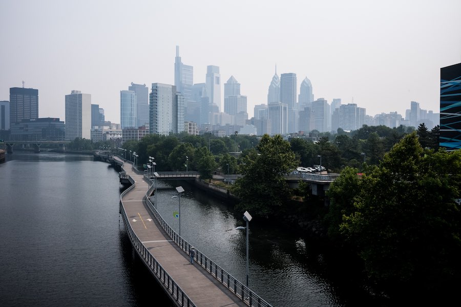 The skyline of Philadelphia, where shootings continue to fall from record levels