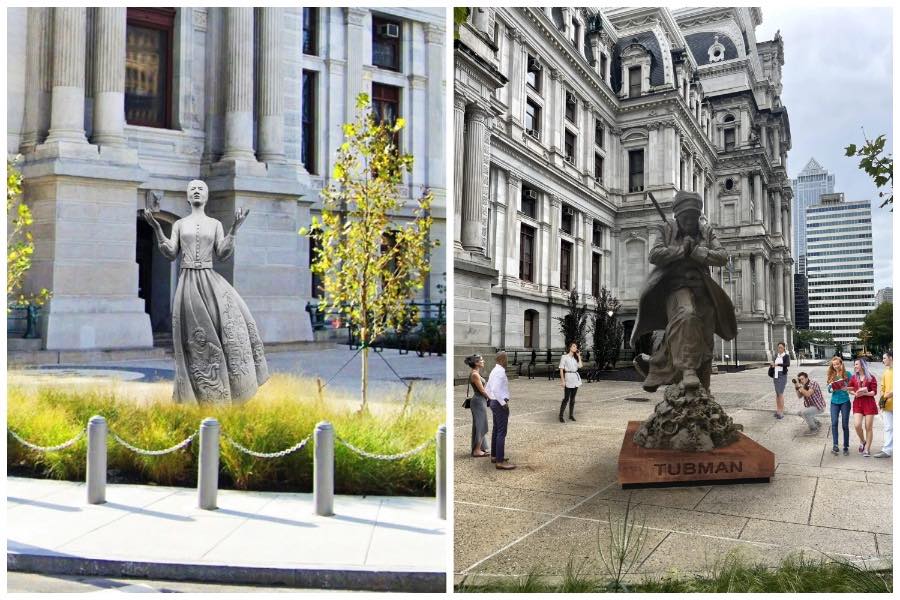 Renderings of what two of the proposed Harriet Tubman statues might look like in Philadelphia