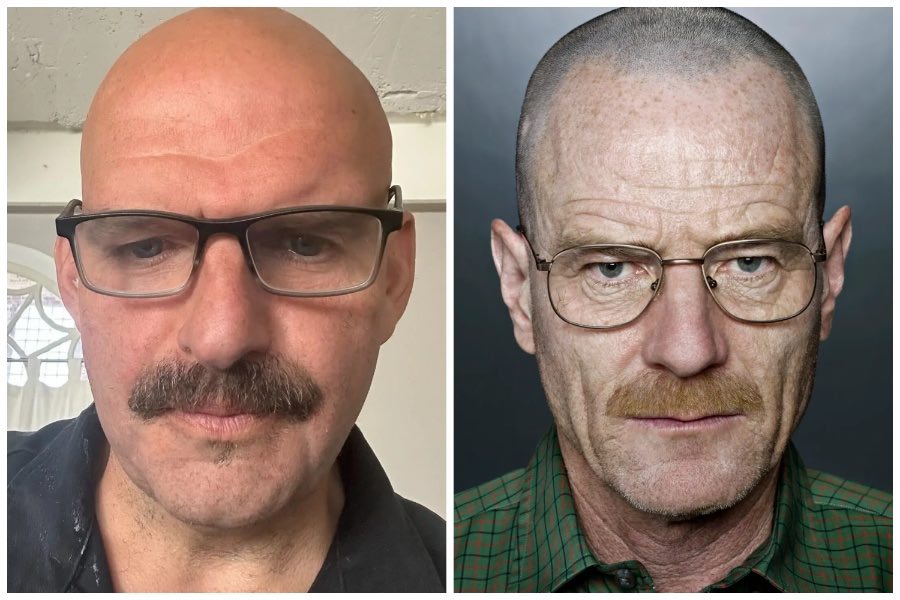 On the left, John Fetterman sporting his new Walter White mustache. On the right, the real Walter White from Breaking Bad