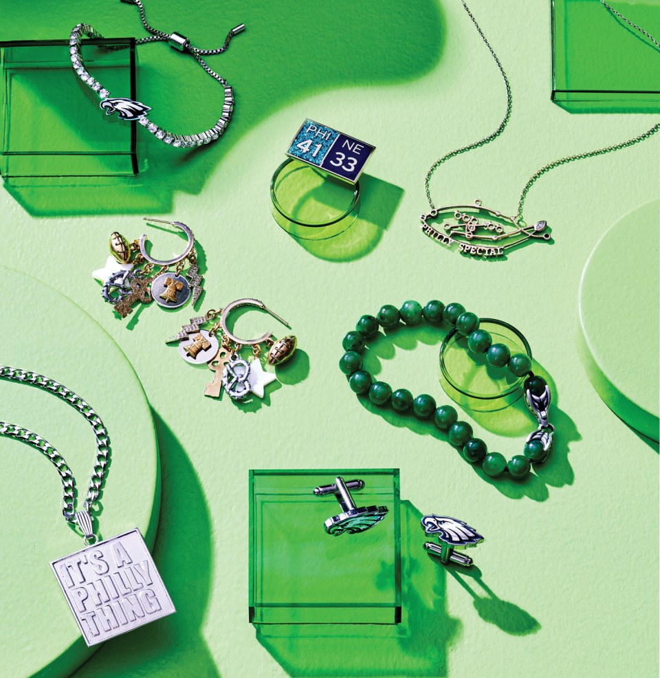 Philadelphia magazine image of Eagles branded jewelry pieces