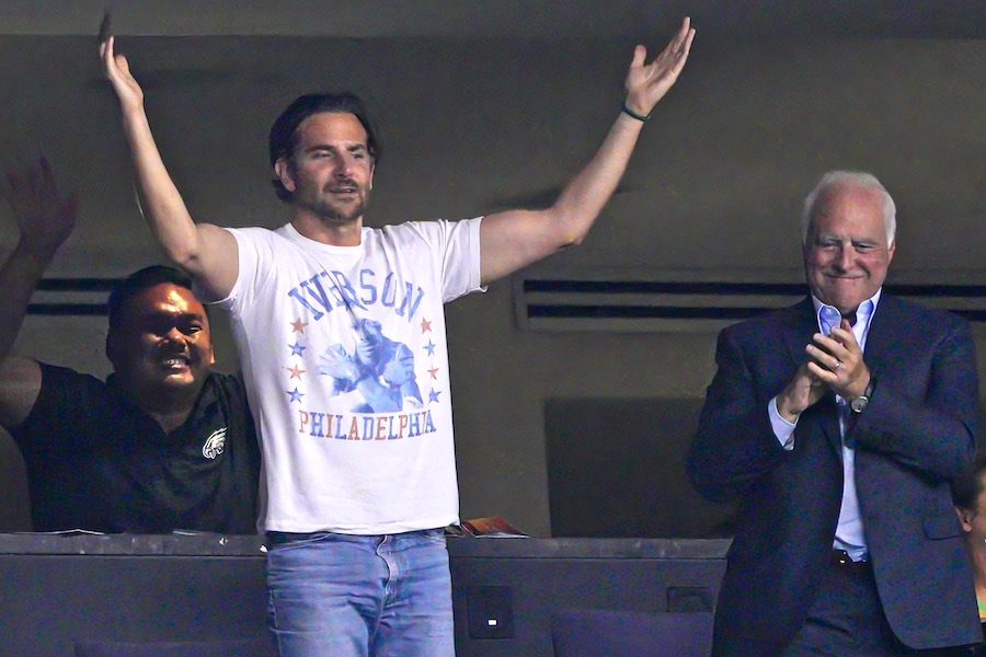 Philadelphia Eagles fan and Jenkintown native Bradley Cooper, who is starring in <em>Maestro</em> with Eagles owner Jeffrey Lurie at an Eagles game. Cooper appeared on a Howard Stern Show interview on Monday