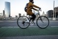 a bicyclist in a bike lane in philadelphia
