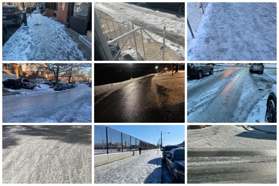 Photos of ice on Philadelphia streets and sidewalks submitted by residents to 311 (photos via Philly 311)