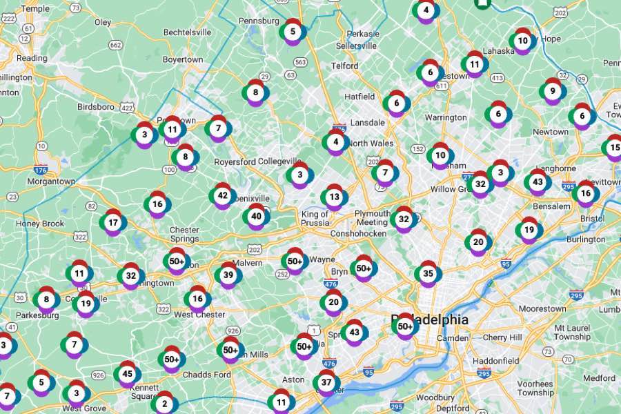 The PECO Outage Map showing power outages in Philadelphia and the surrounding area as of Wednesday morning.