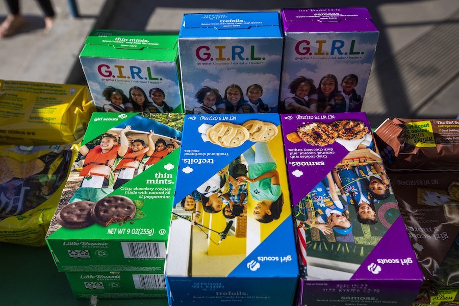 Girl Scout cookies on display at a Girl Scout cookie sale like the one at the Suburban Square shopping center in Ardmore, Pennsylvania