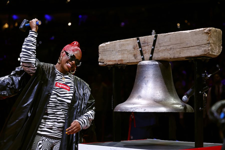 Tierra Whack, whose new album is entitled World Wide Whack, rings the bell at a Sixers game in 2023