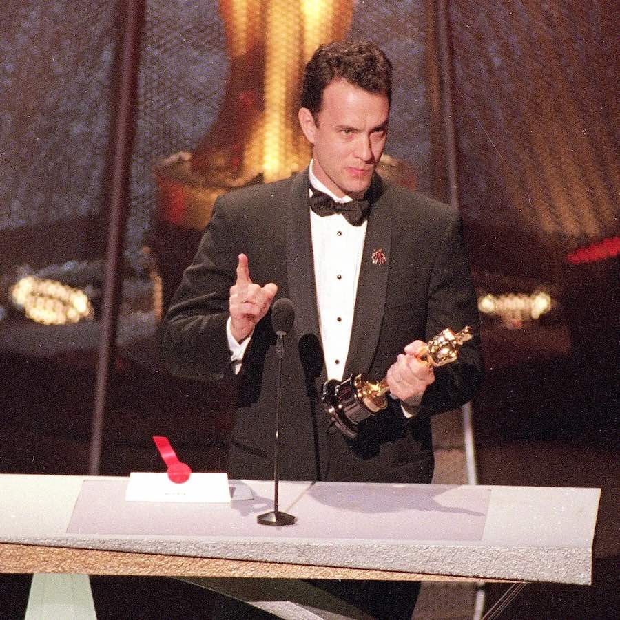 Tom Hanks delivering his Oscars speech for Philadelphia at the Academy Awards (image courtesy the Academy Awards)