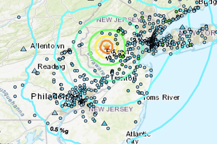 A USGS map of the Philadelphia earthquake felt on Friday morning