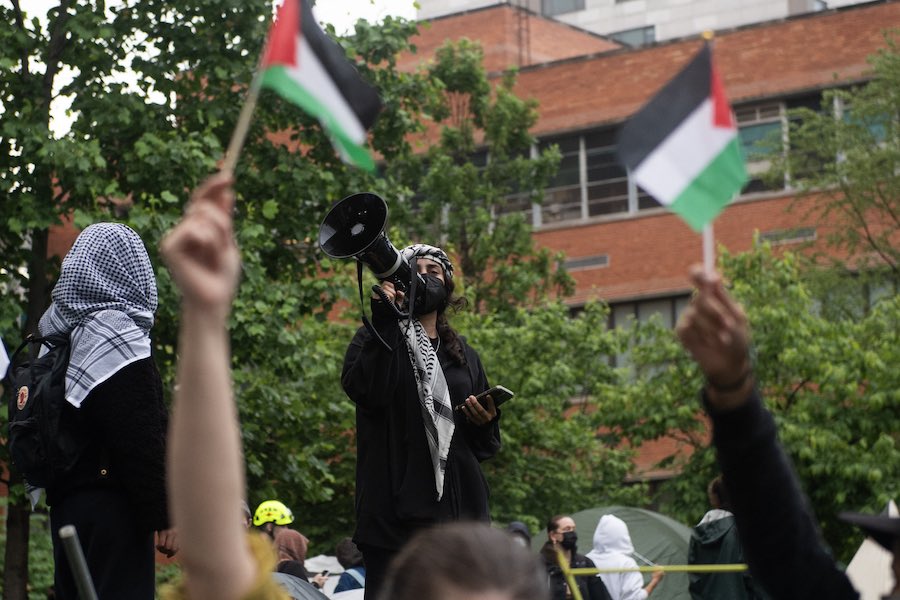 Protesters of the war in Gaza at an encampment at Philadelphia's Drexel University, which is now on lockdown