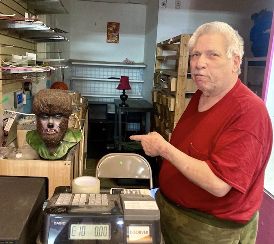 Steve Brasovankin and his werewolf bust at South Street DVD store Pop Culture Vulture