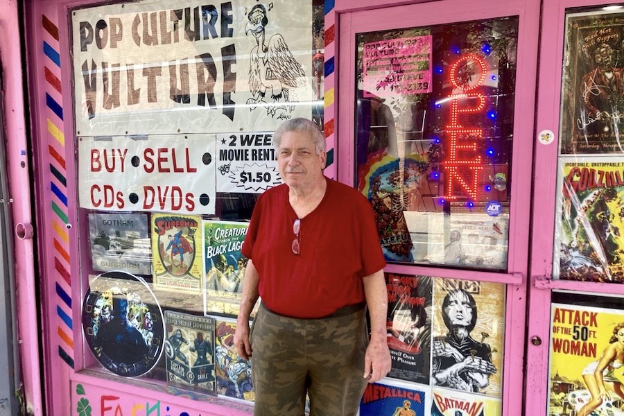 Steve Brasovankin at his new South Street CD and DVD store Pop Culture Vulture, which rents DVDs.