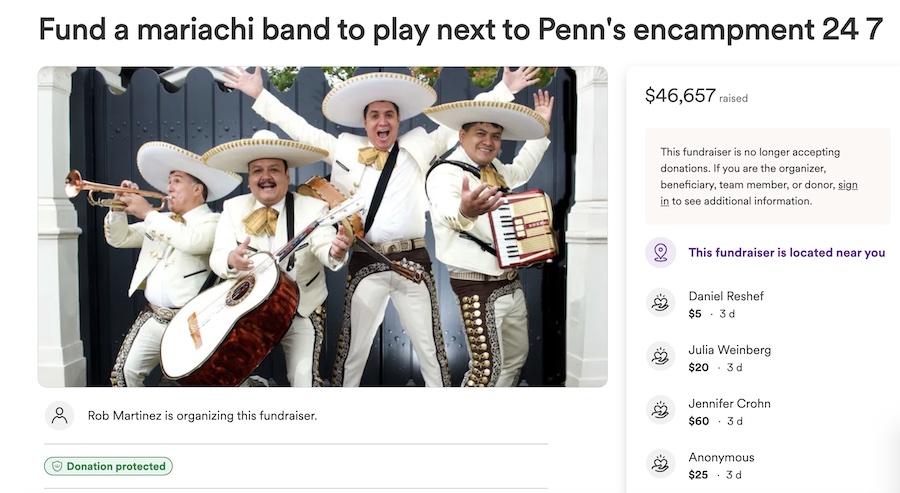 A screenshot of the GoFundMe campaign to annoying the University of Pennsylvania protesters using a constantly-playing Mariachi band