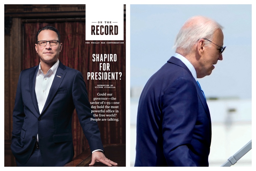 Left: A photo of Pennsylvania Josh Shapiro in Philadelphia Magazine, accompanied by the headline "Shapiro for President?" Right: Joe Biden on July 17tth as ew polling data showed Josh Shapiro outperforming Joe Biden for president.